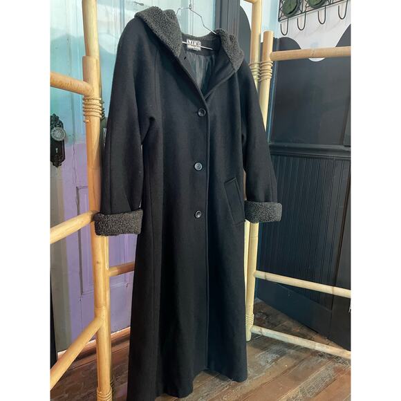 MDP Mario De Pinto Long Wool Maxi Coat Hooded Black USA Made Faux Fur Trim - Picture 2 of 12